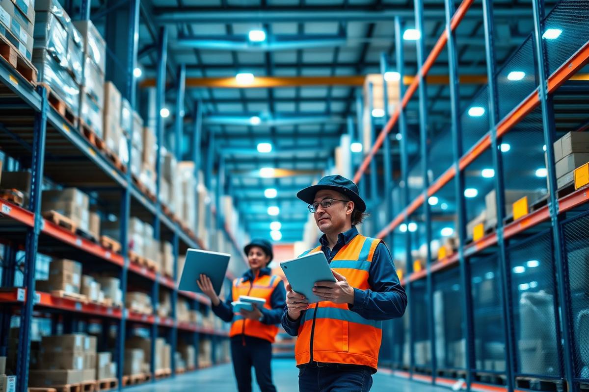 Warehouse team scanning inventory with tablets in a modern distribution facility