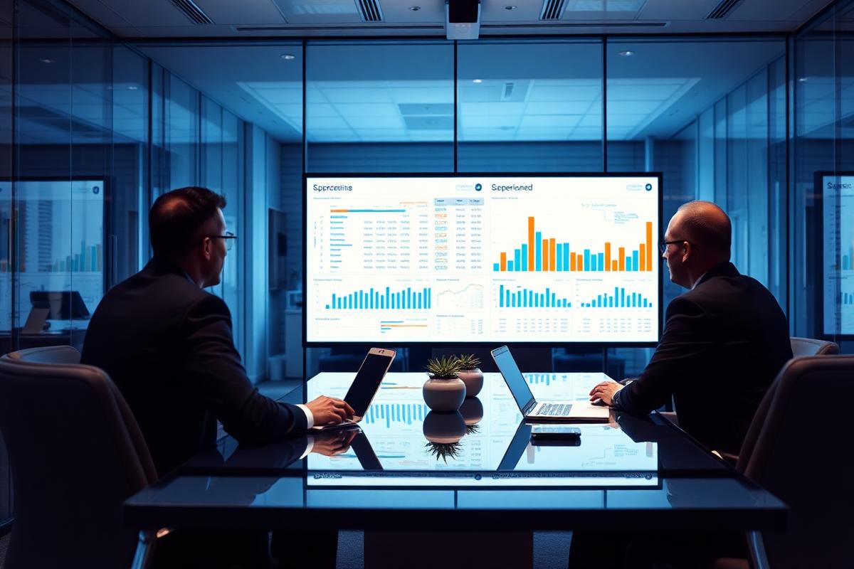 Executives reviewing financial reporting dashboards in a glass boardroom