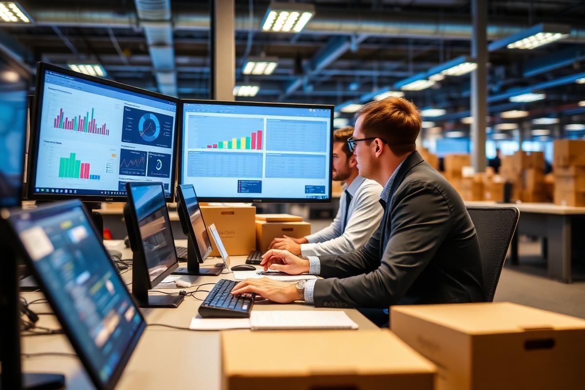Distribution centre analysts reviewing inventory dashboards on multiple monitors